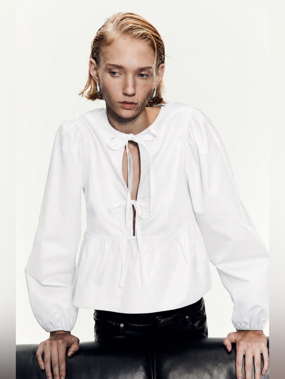 H&M White Tie-Front Peplum Top with Puff Sleeves - M BNWT